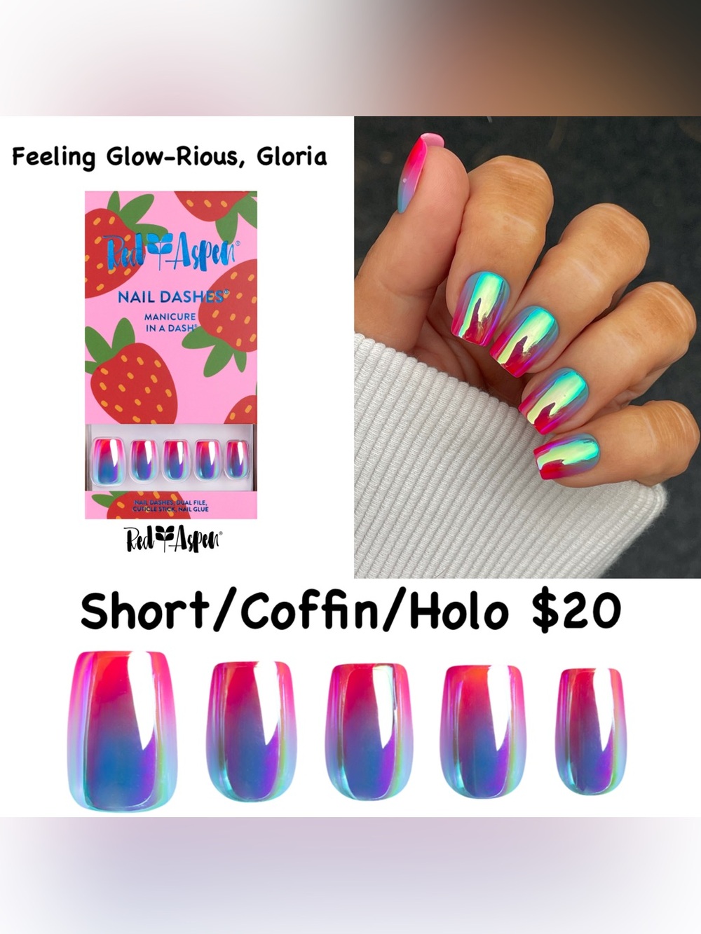 Red Aspen Holo Ombre Press-On Nails - Pink Blue Coffin Set